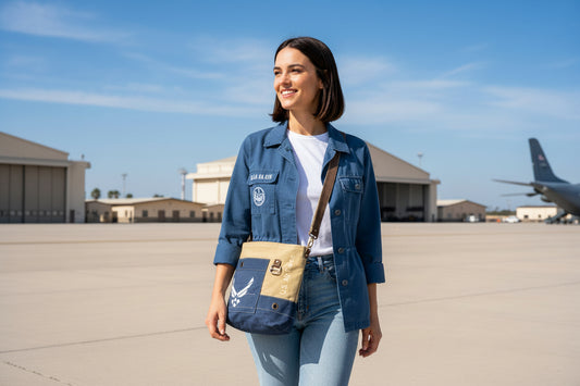 Blue and Tan Crossbody with the Air Force Wings and US Air Force print down the side