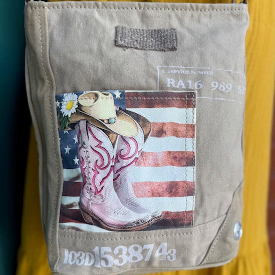 Recycled Military Canvas Patriotic American Cowgirl Boots Crossbody Bag