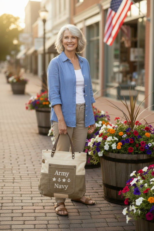 Patriotic Canvas Handbag – Two Tone Military Branch Tote for Women – Custom Veteran Gift Idea