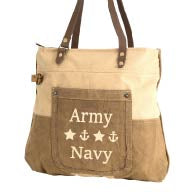A recycled military canvas tote bag that has 'Army and Navy with stars and anchors depicting the military branches. Bag has leather straps and a detachable crossbody strap.