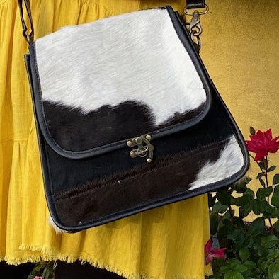 Canvas Crossbody Purse – Black & White Cowhide Satchel for Women – Unique Western Gift Idea