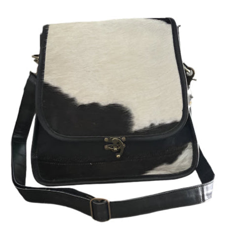 Black and White Cowhide Satchel Crossbody with Swing Latch