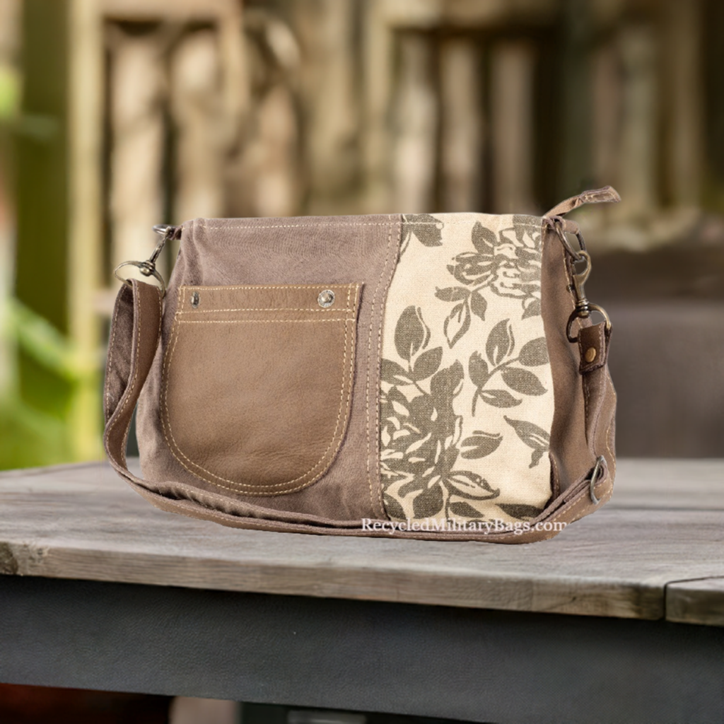 Brown Floral Sustainable Canvas Purse with Leather Accents Shoulder Bag