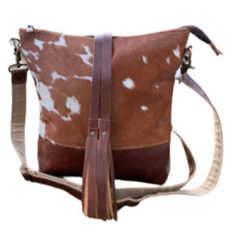 Brown and White Cowhide Crossbody Bag with Tassels ~ Minimalist Style