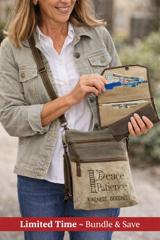 Bundle & Save – Peace and Patience Canvas Crossbody and Brown Canvas Wallet – Upcycled Military Canvas – Boho Inspirational Style
