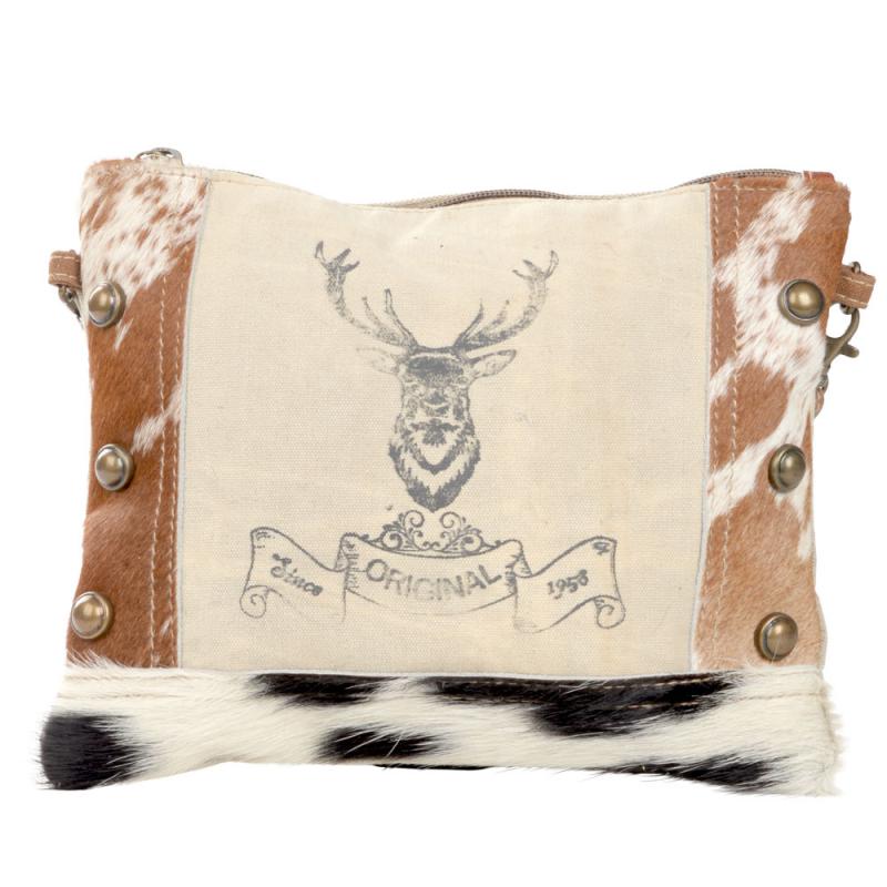 Canvas Crossbody Purse for Women – Small Deer Cowhide Trim Military Bag – Unique Rustic Gift Idea