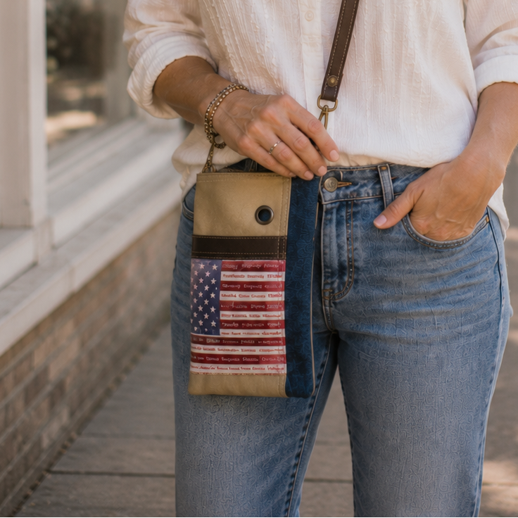 A small crossbody passport bag with a patriotic American flag with all the state names within the stripe design, featuring a blue side section, a tan base and back. Front American flag slip pocket with brown leather trim. Brown shoulder. crossbody strap and is displayed on a gray wicker chair.