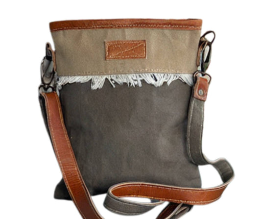 Custom Print Green with Tan Small Crossbody with Fringe