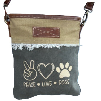 custom print recycled military bag made of repurposed military canvas with the Peace Love Dogs custom print
