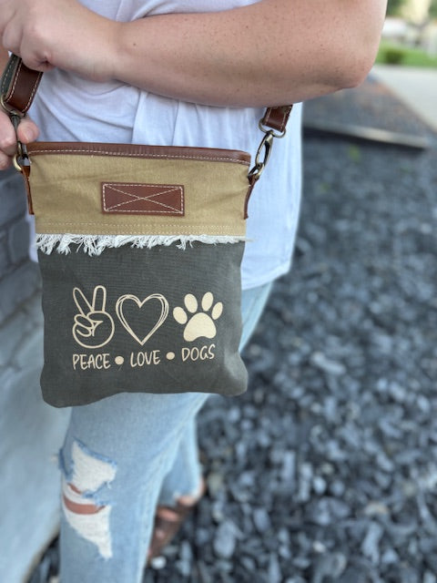 Peace Love Dogs Custom print Green with Tan Small Crossbody with Fun Fringe