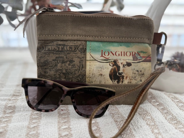 Recycled Military Canvas Bag – Texas Longhorn Wristlet Pouch for Women – Unique Western Gift Idea