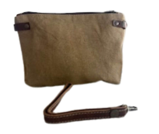 Tan wristlet made of repurposed and upcycled military canvas