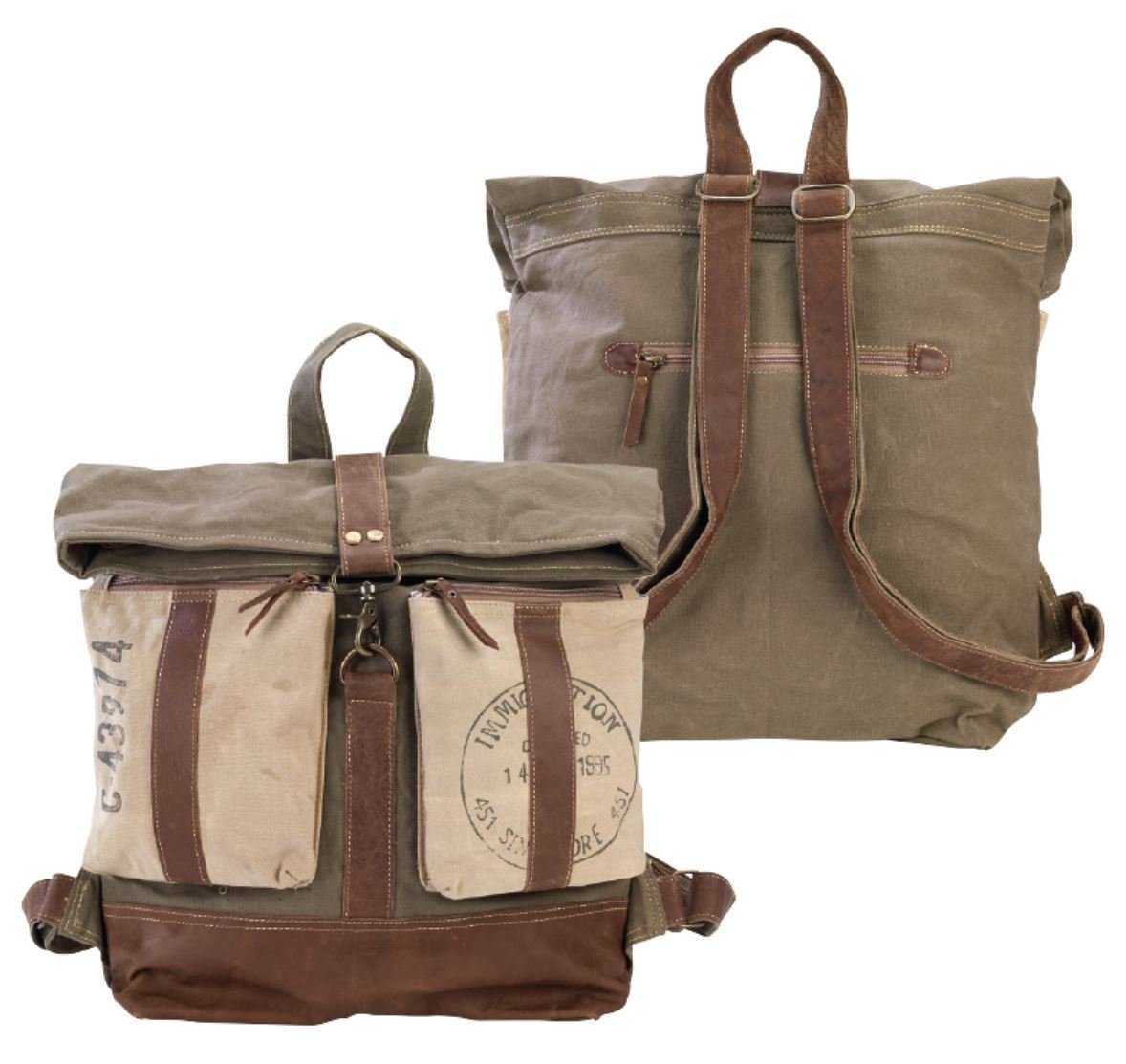 1946 vintage canvas and leather backpack Recycled Military Canvas Bag – Large Roll Top Canvas Backpack for Women – Durable Travel & School Gift