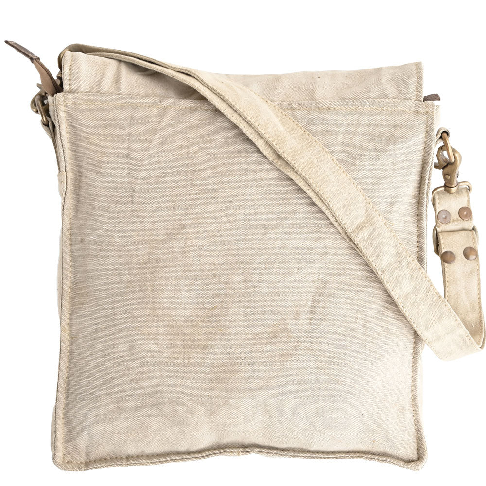 white owl brewery with skull messenger bag back view