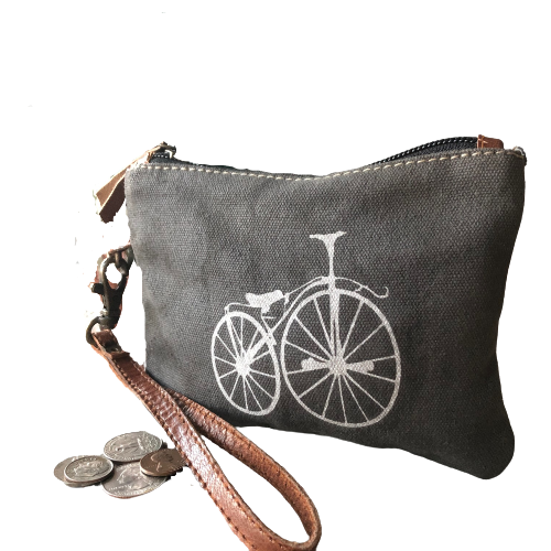 Upcycled Bicycle Sustainable Canvas Bag Coin Purse - Small Wristlet or Make Up Bag