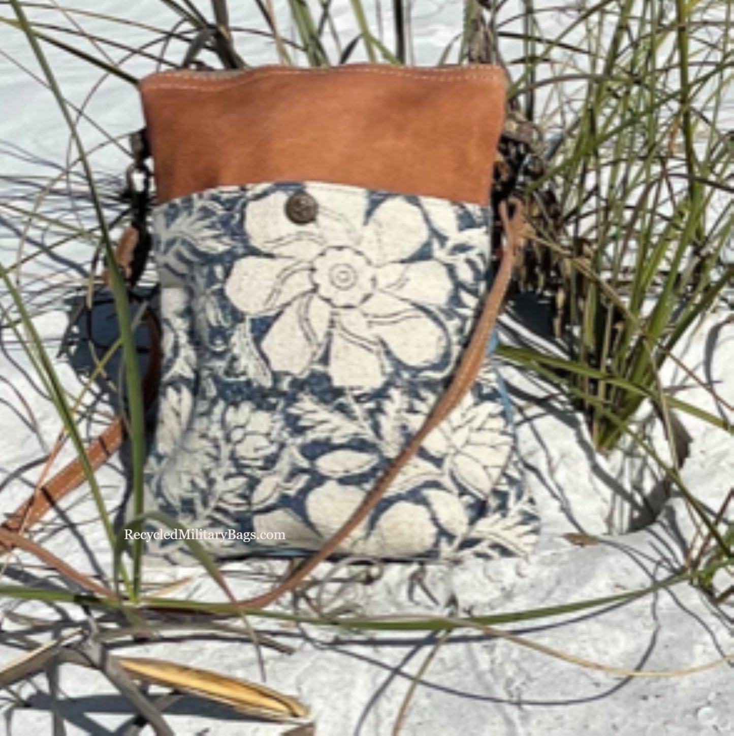 Blue Blooms Floral Tapestry, Leather and Sustainable Canvas Crossbody Purse - Available by Special Order