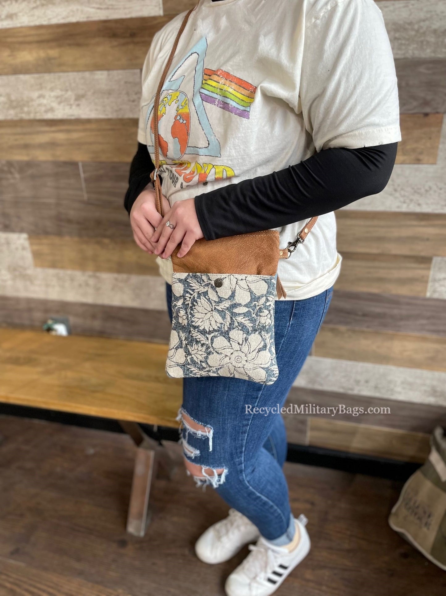 Blue Blooms Floral Tapestry, Leather and Sustainable Canvas Crossbody Purse - Available by Special Order