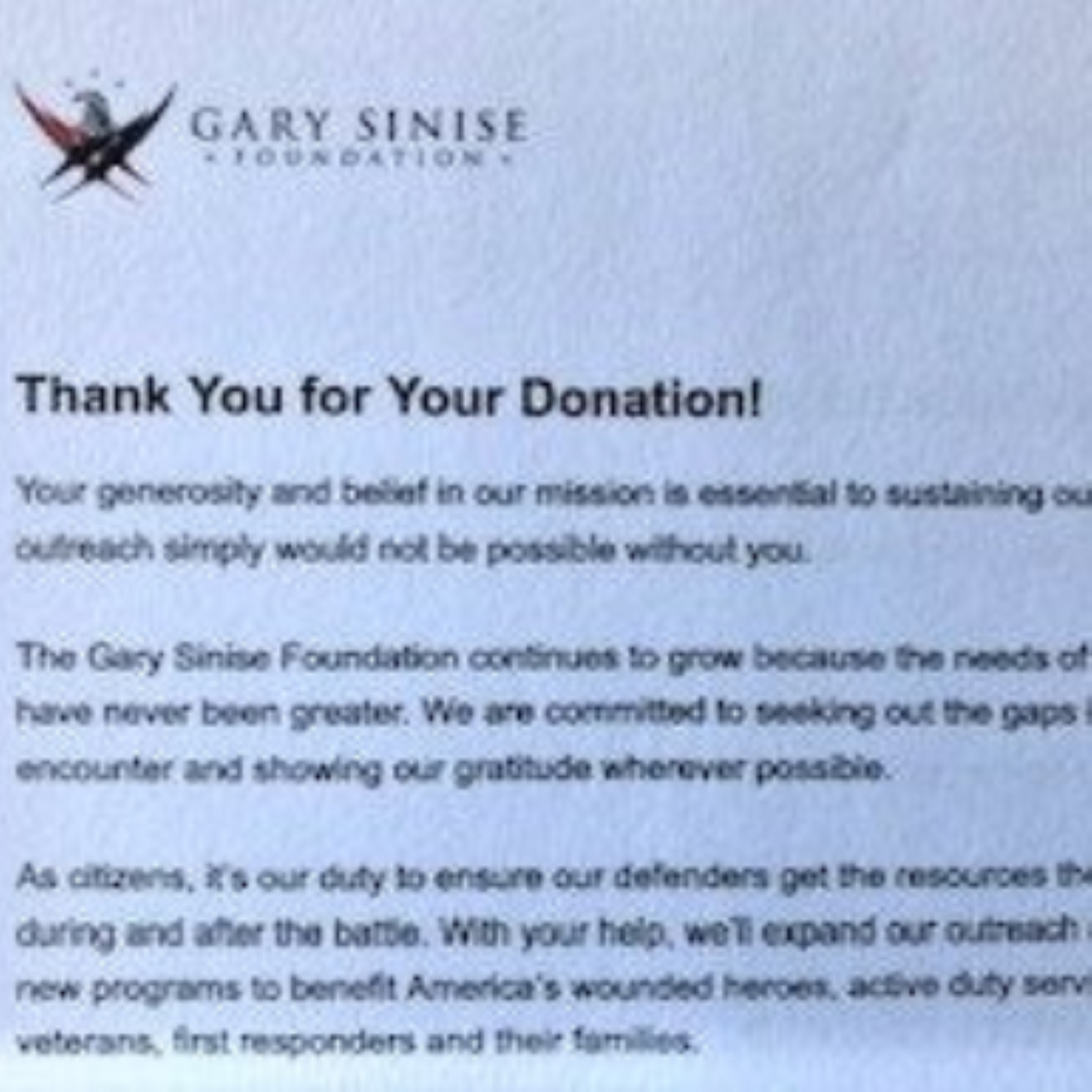 Thank You for Your Donation - from the Gary Sinise Foundation