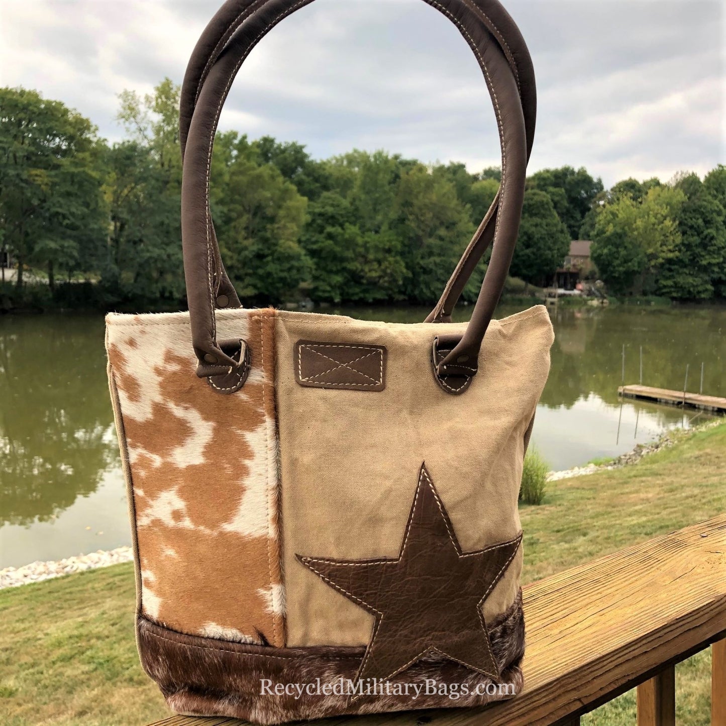 Canvas and Cowhide with Leather Star Shoulder Bag or Small Tote