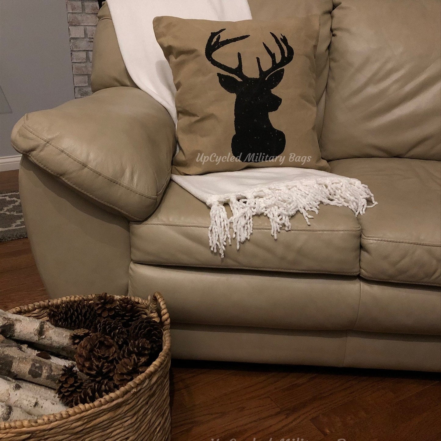 Buck Repurposed Military Canvas Deer Head Pillow Cover Deer Silhouette Rustic Chic Farmhouse Decor Accent Antlers Throw Pillow