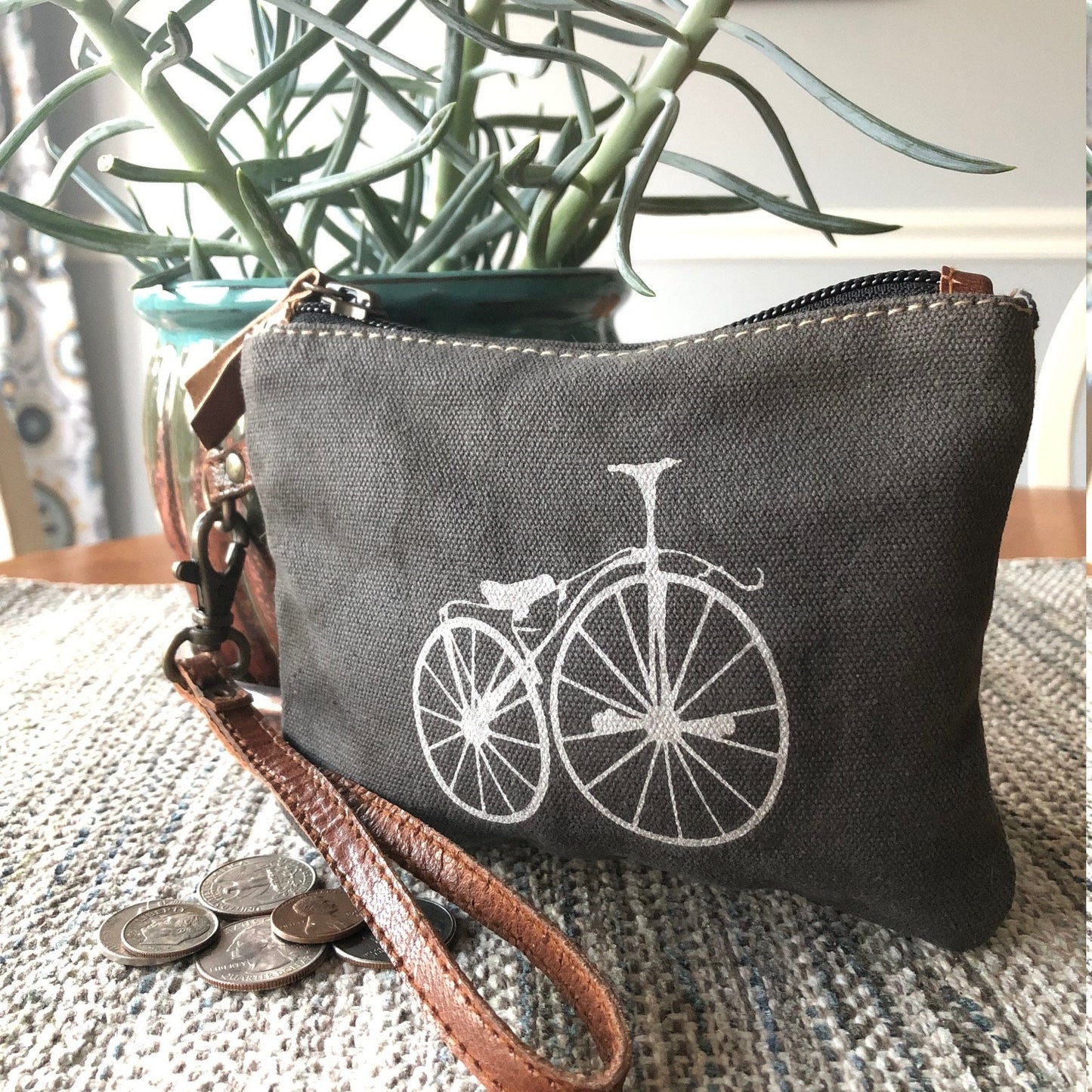 Upcycled Bicycle Sustainable Canvas Bag Coin Purse - Small Wristlet or Make Up Bag