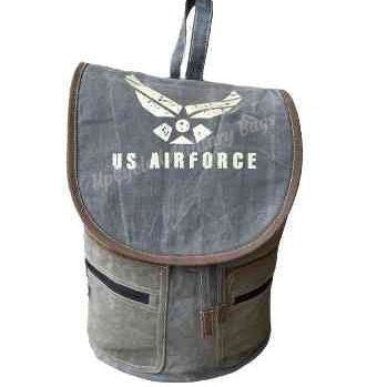 Gray backpack with U.S. Air Force logo and print . Two front zip pockets, cinch top and zip back pocket crafted from sustainable repurposed military canvas