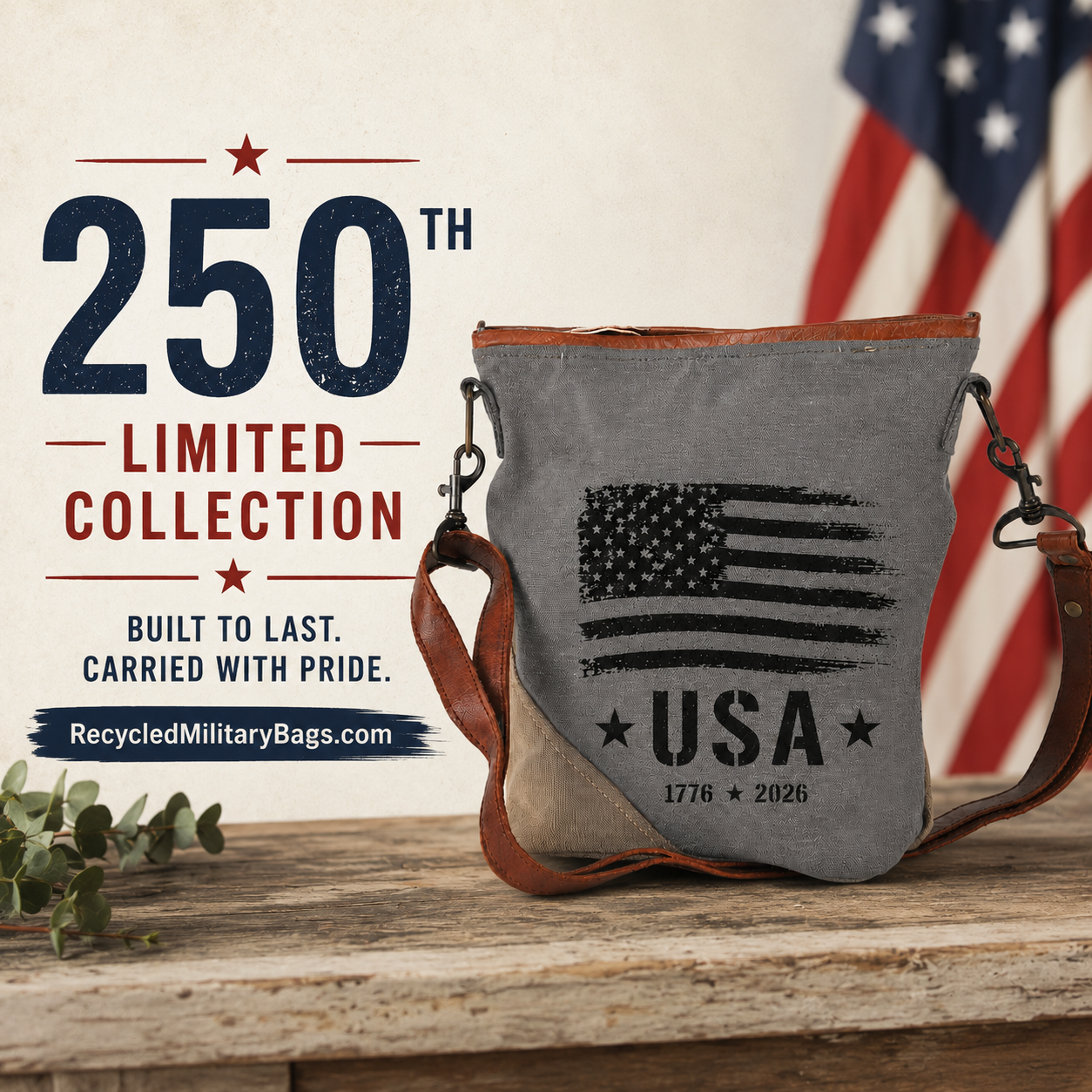 250th Anniversary Crossbody Bag – America 250 – Recycled Military Patriotic Canvas Bags