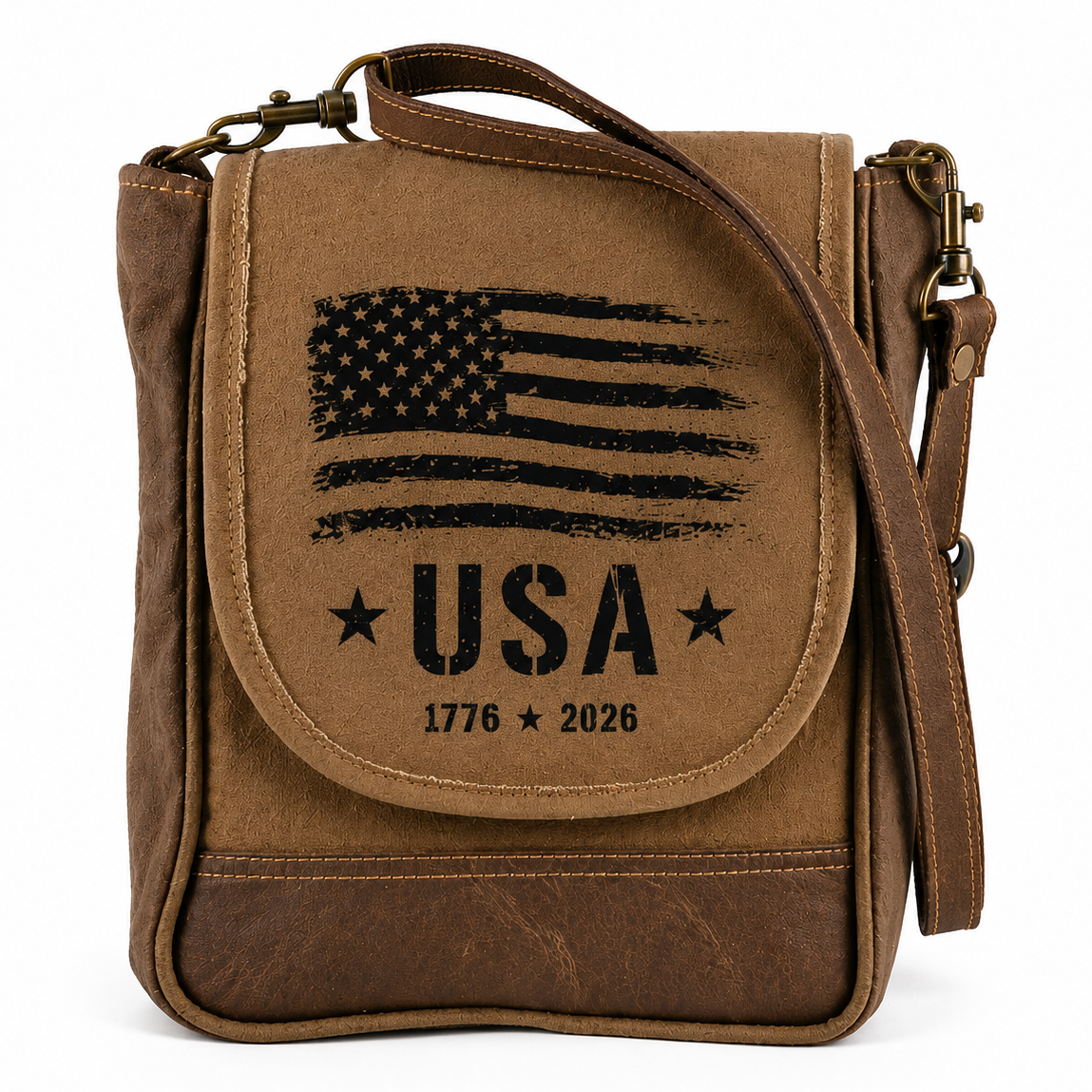 250th American Recycled Military Canvas Crossbody Bag  with Americana flag and 'USA 1776-2026' text on a white background. Celebrating Americas 250th Birthday