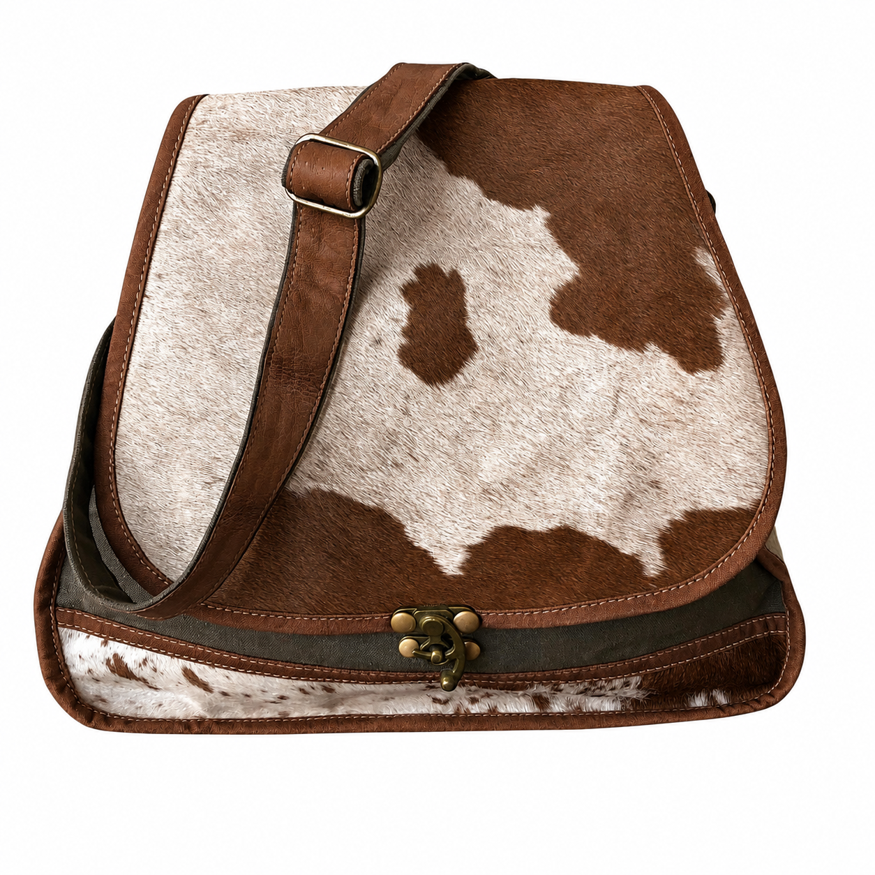 Brown and White cowhide mixed with recycled and upcycled military canvas satchel crossbody bag with flap and swing latch and adjustable strap