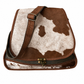 Brown and White cowhide mixed with recycled and upcycled military canvas satchel crossbody bag with flap and swing latch and adjustable strap