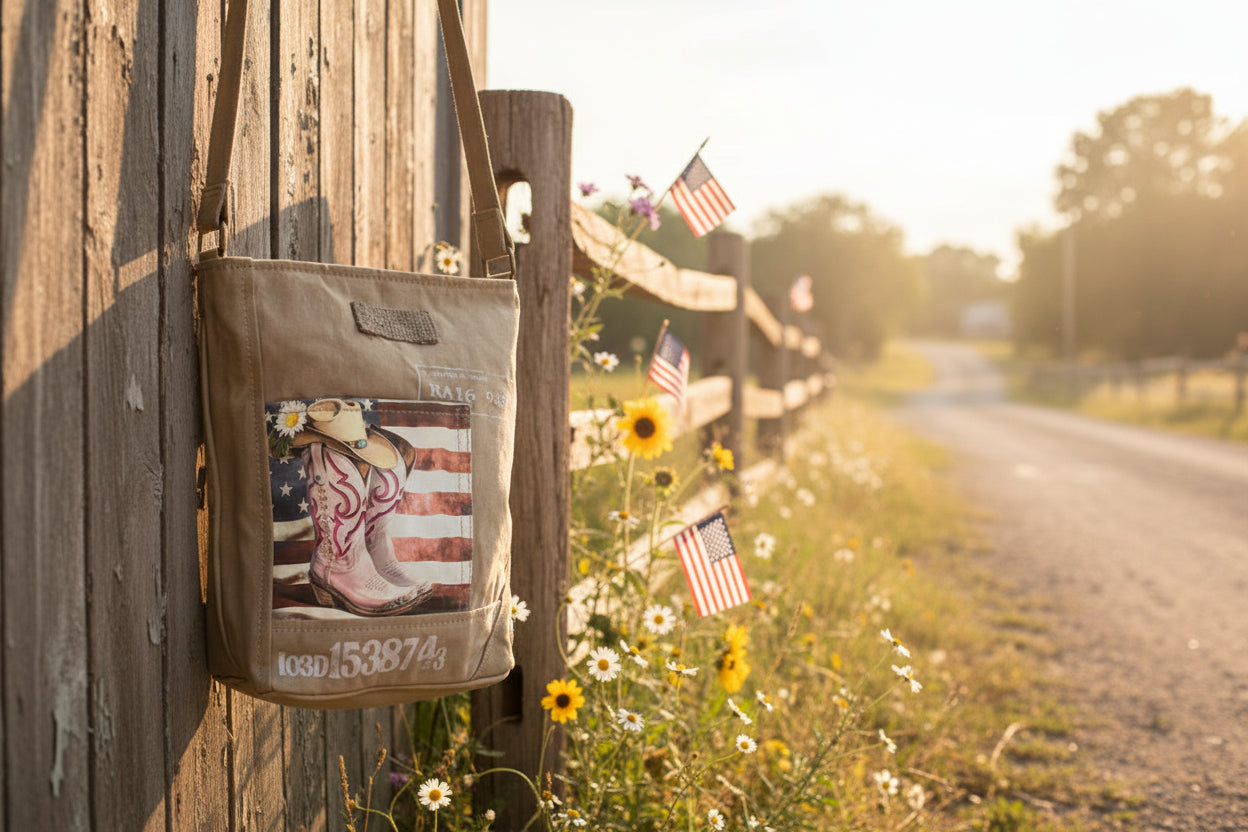 Recycled Military Canvas Bag that is tan with the front featuring pink cowboy boots with a cowboy hat and a vintage American flag background.