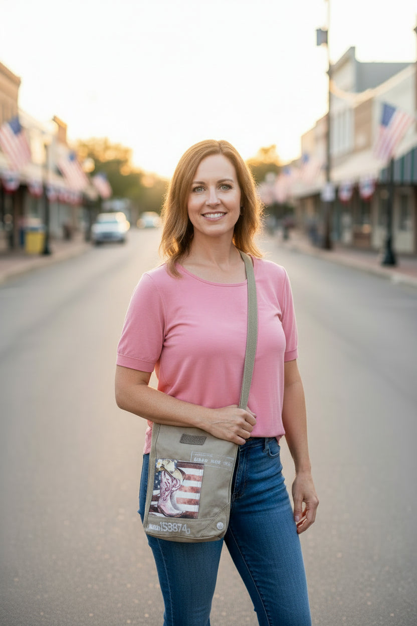 Recycled Military Canvas Patriotic American Cowgirl Boots Crossbody Bag