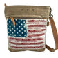 American Flag Crossbody Patriotic Bag with an American flag design on the front zip pocket with all the state names included. Crafted from Recycled Military Canvas and handsewn. Tan bag with adjustable crossbody strap.