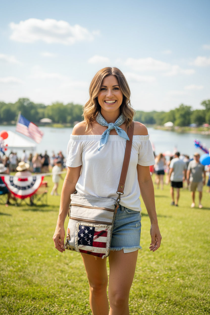 Patriotic Canvas Handbag – American Flag Crossbody Purse for Women – Veteran Gift, USA Pride Style