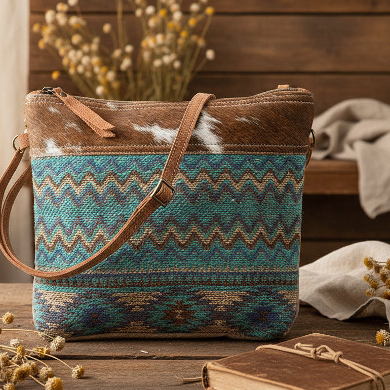 Repurposed Military Canvas and Aztec style tapestry crossbody bag. Aqua with neutral colors and cowhide top trim to create a great western vibe