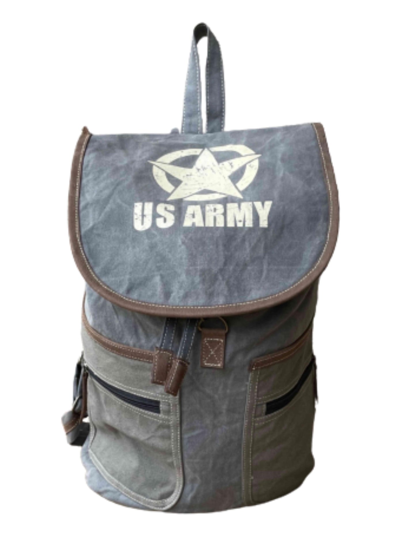 Vintage-style US Army backpack with star emblem on a white background