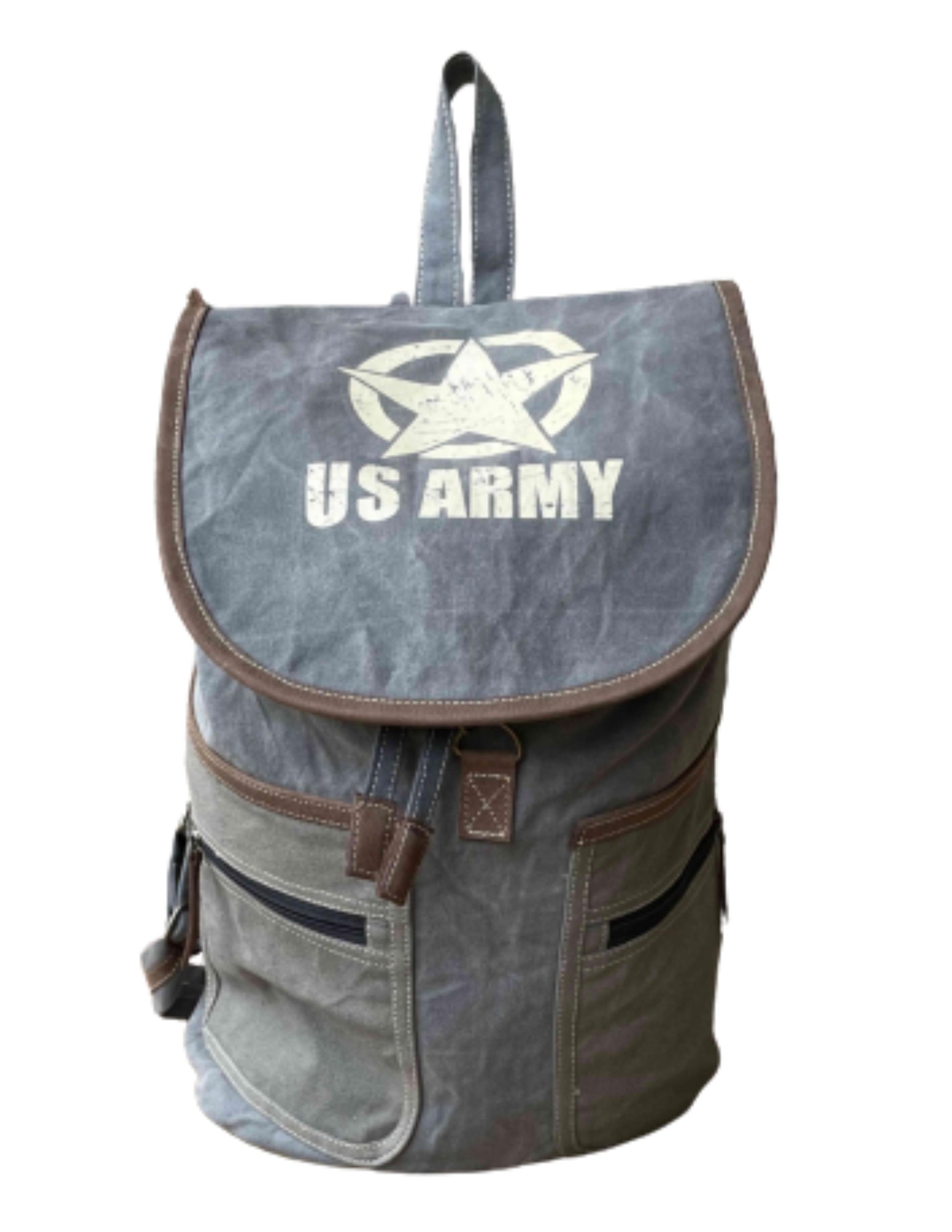 Vintage-style US Army backpack with star emblem on a white background