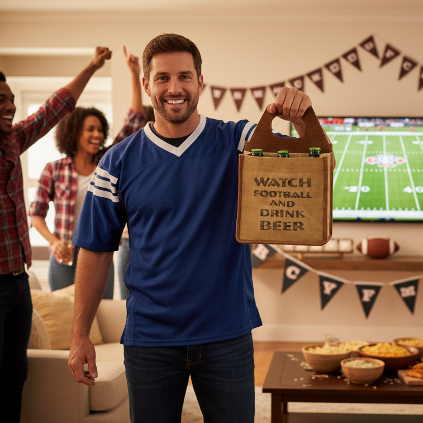 Recycled Military canvas  beer carrier with 'Watch Football and Drink Beer' text that carries 6 beers and 2 cold packs at a football party.