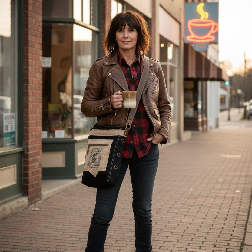 Black and tan crossbody bag with a Black Raven Coffee print being worn by a woman near a small town street.