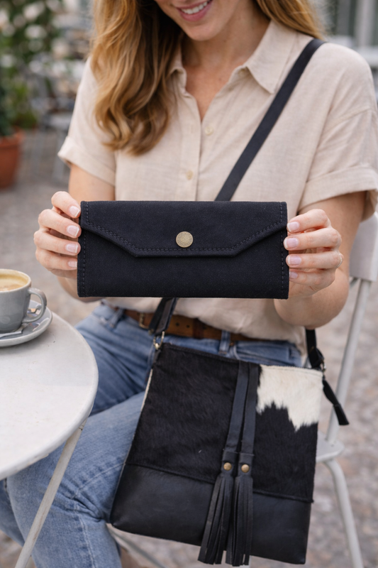 Bundle & Save – Black Cowhide Canvas Crossbody and Canvas Wallet – Upcycled Military Canvas – Western Cowhide Style