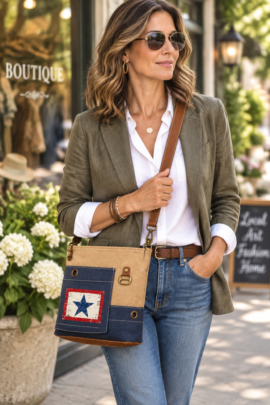 recycled military bags Blue Star Crossbody for active duty military families.