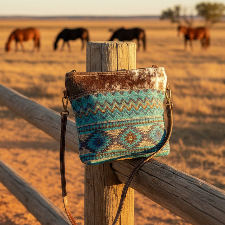 turquoise western aztec style crossbody bag with back made of repurposed military canvas

