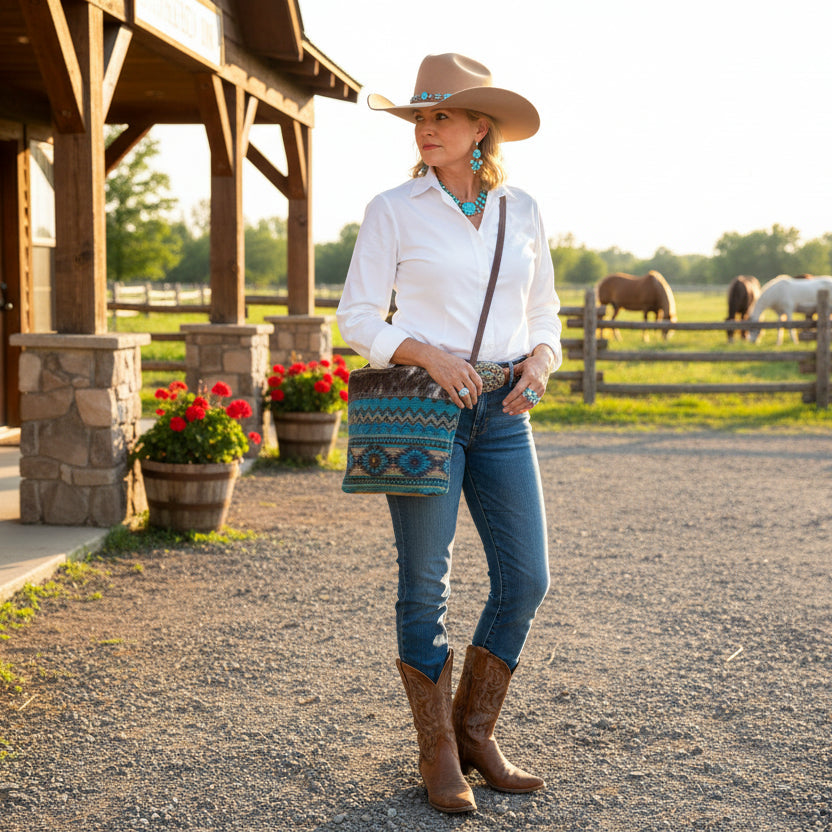 Canvas Crossbody Purse for Women – Blue Turquoise Aztec Military Bag – Unique Western Gift Idea