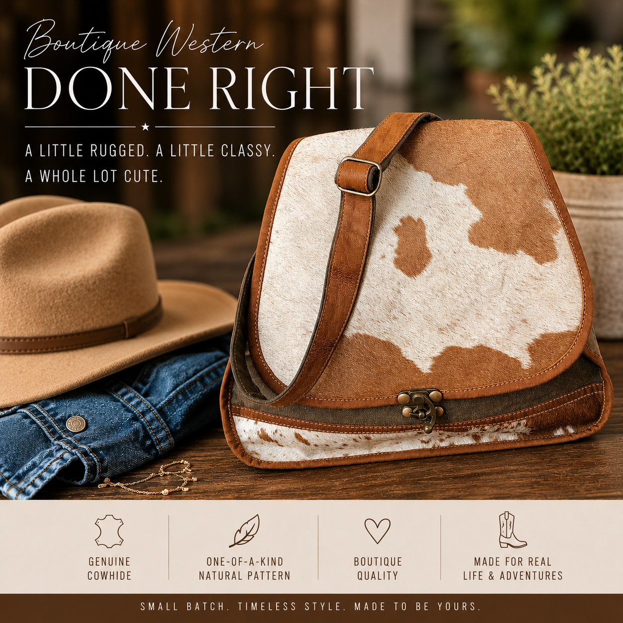 Canvas Crossbody Purse – Brown Cowhide Satchel Messenger Bag for Women – Unique Western Gift Idea