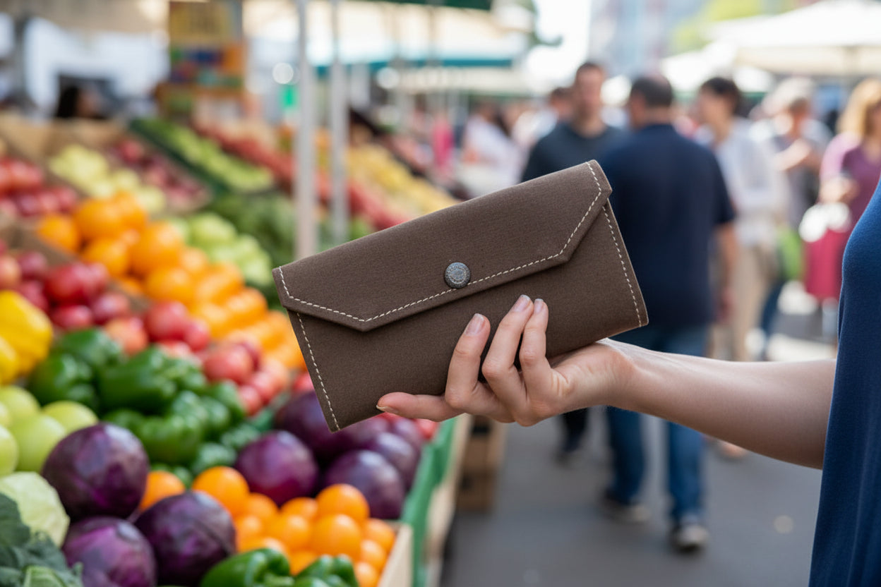 Brown recycled military canvas wallet being used at a market