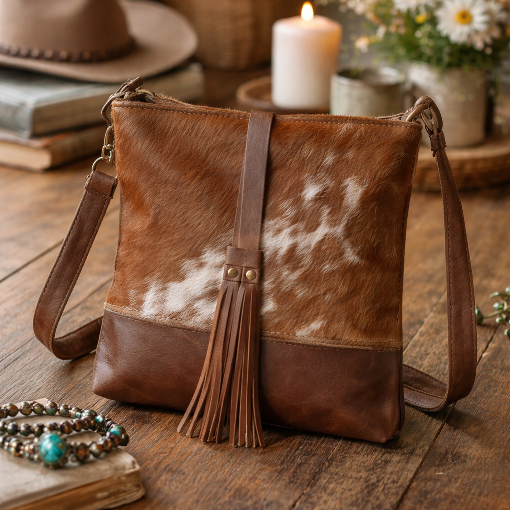 A brown leather and cowhide shoulder bag with a tassel and crossbody strap, displayed on a rustic wooden table with boho-style props including a candle, flowers, a hat, and bracelets.