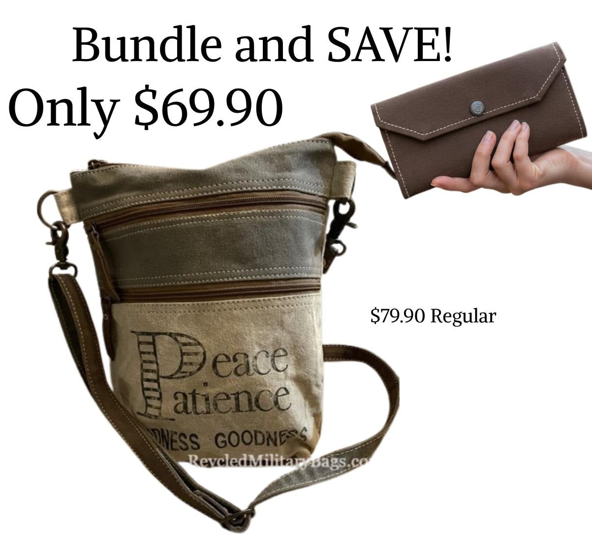 Recycled Military Canvas Bag – Bundle & Save Peace & Patience Crossbody + Wallet – Gift Set for Women