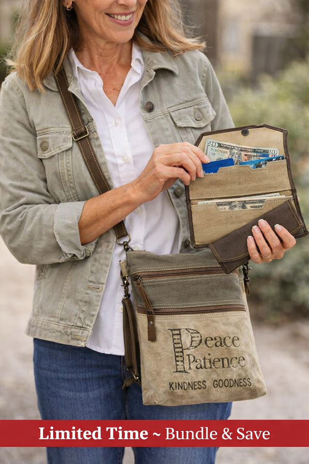 Recycled Military Canvas Bag – Bundle & Save Peace & Patience Crossbody + Wallet – Gift Set for Women