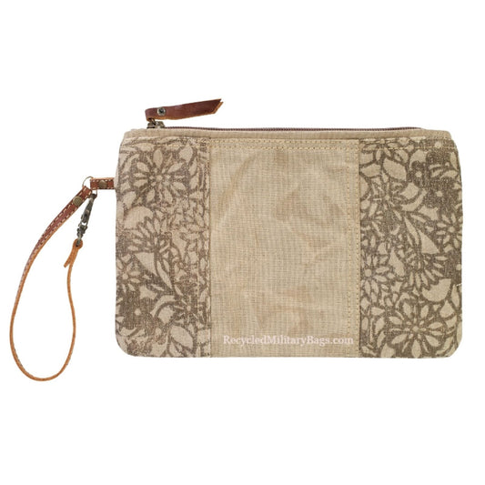 Cream and Cinnamon Floral Sustainable Canvas Wristlet Purse or Makeup Bag!