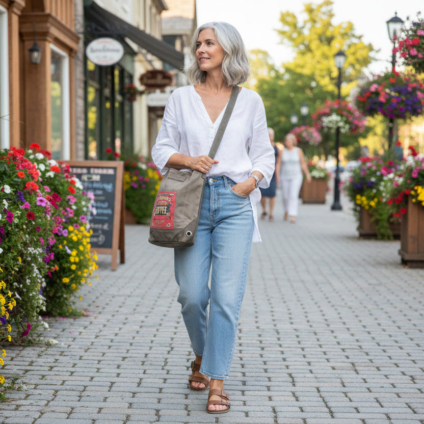 Tan recycled military canvas bag with a red label featuring a red Coffee label walking down a flower filled sidewalk in a small town being worn by a woman in jeans